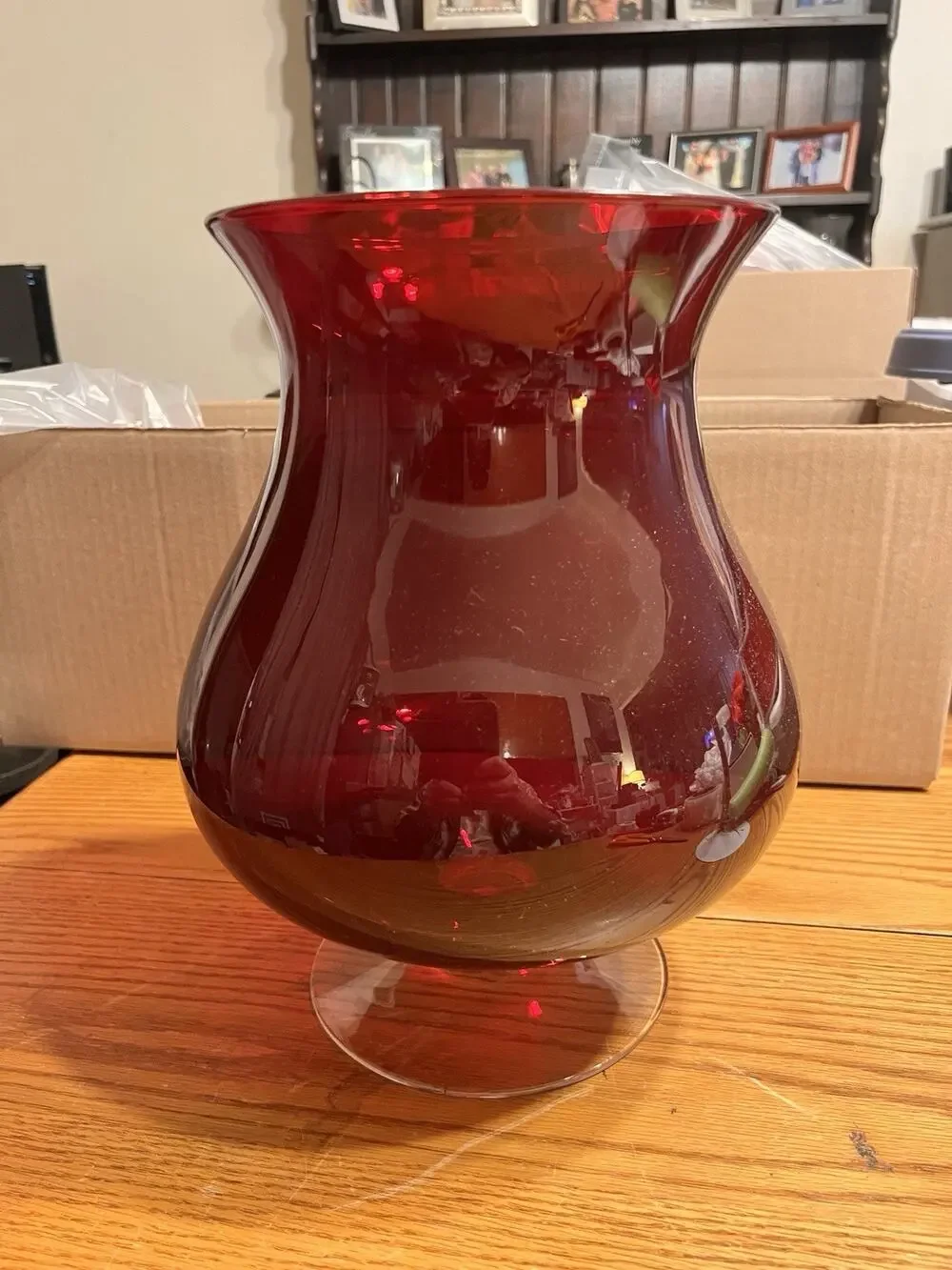 Vtg PartyLite P9099 Ruby Red Hurricane Pedestal Glass Candle Holder Vase 12.25